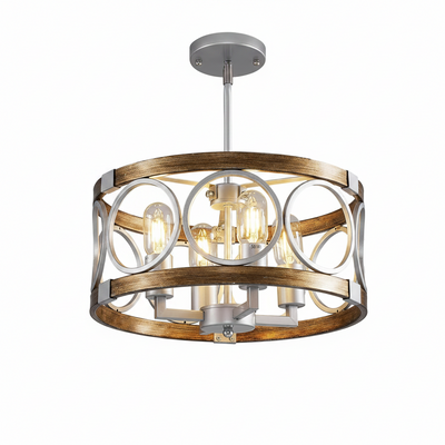 Silver Farmhouse Chandelier Light Fixture, 4-Light Kitchen Lighting Fixture Ceiling Mount, Rustic round Ceiling Hanging Kitchen Island Lighting for Dining Room Bedroomxture