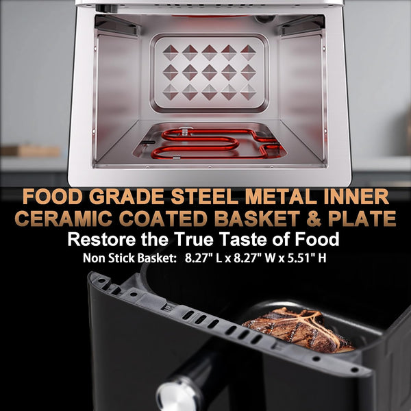 Stainless Steel Air Fryer Ceramic 12 in 1, Dual-Blazes in Steel Housing, 6QT 2-3 Servings Visible 8.27" Basket with Teflon-Free Premium Coating, 1700W,  Dishwasher Safe Kits (Stainless Steel)