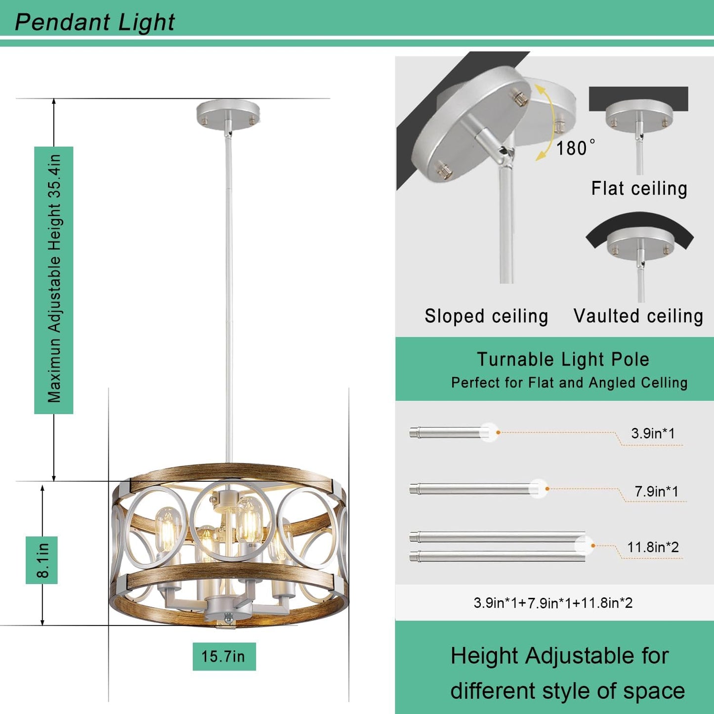 Silver Farmhouse Chandelier Light Fixture, 4-Light Kitchen Lighting Fixture Ceiling Mount, Rustic round Ceiling Hanging Kitchen Island Lighting for Dining Room Bedroomxture