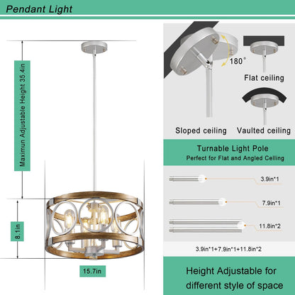 Silver Farmhouse Chandelier Light Fixture, 4-Light Kitchen Lighting Fixture Ceiling Mount, Rustic round Ceiling Hanging Kitchen Island Lighting for Dining Room Bedroomxture