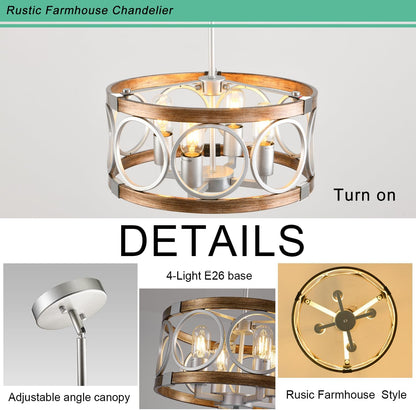 Silver Farmhouse Chandelier Light Fixture, 4-Light Kitchen Lighting Fixture Ceiling Mount, Rustic round Ceiling Hanging Kitchen Island Lighting for Dining Room Bedroomxture