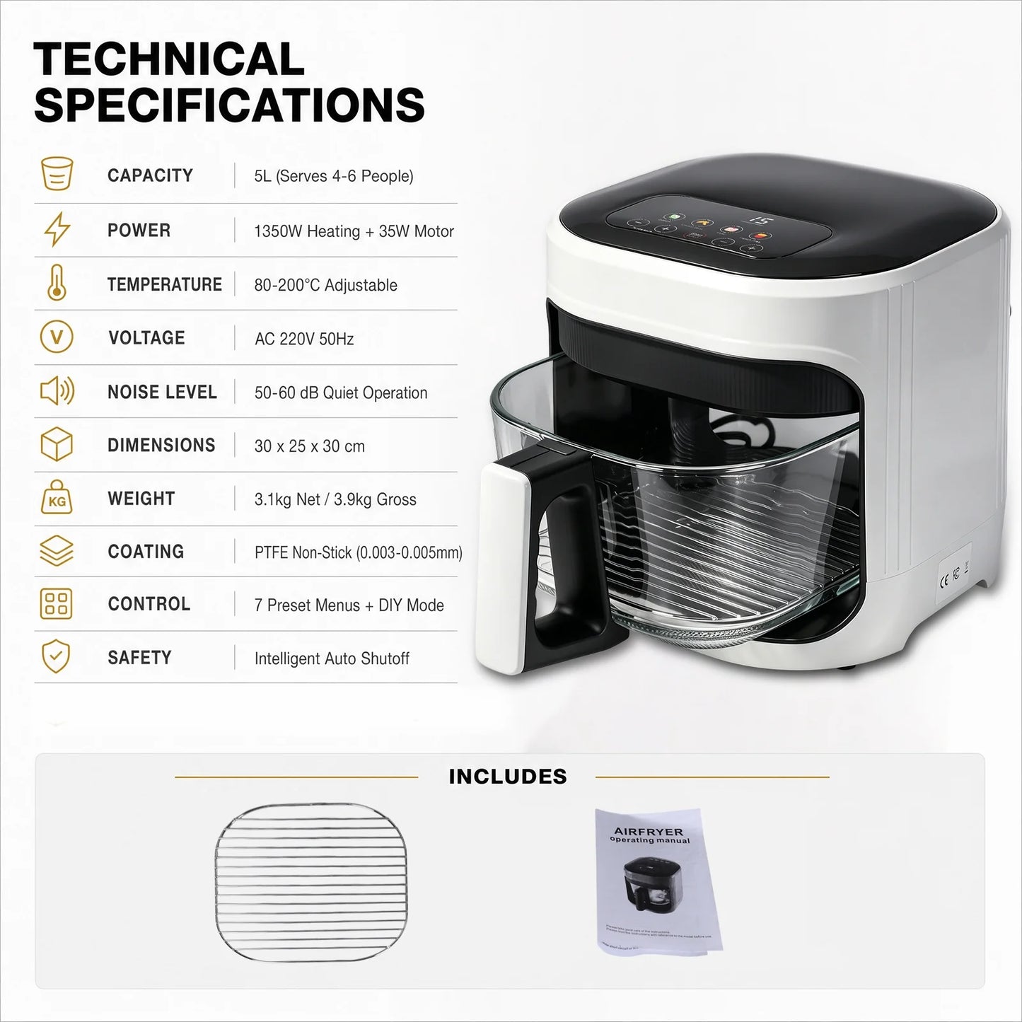 Air Fryer 5L with Touch Control, Adjustable Ttemperature up to 200°C, 0-60-Minute Timer, 4 Preset Menus, Oil-Free Cooking, and 1350W Power, Ideal for Families of 3-5 People.