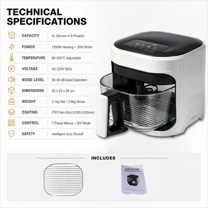 Air Fryer 5L with Touch Control, Adjustable Ttemperature up to 200°C, 0-60-Minute Timer, 4 Preset Menus, Oil-Free Cooking, and 1350W Power, Ideal for Families of 3-5 People.