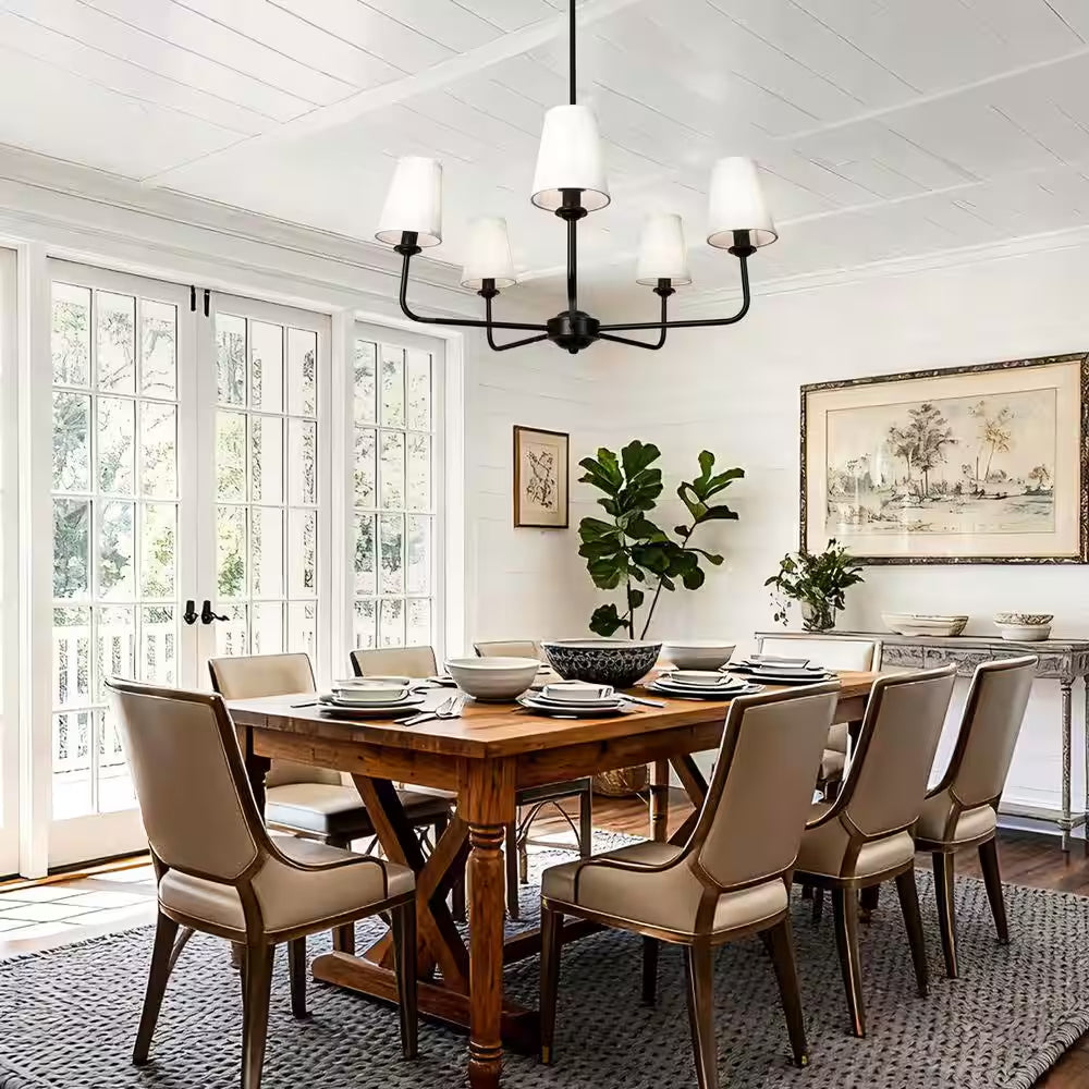 31.5 In.5-Light Modern Kitchen Island Pendant Lighting Fixture,Classic Black Chandelier W/ Linen Shades for Dining Room