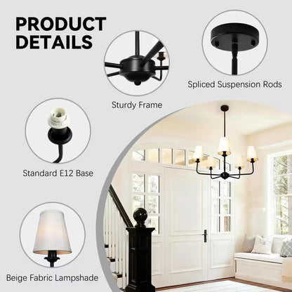 31.5 In.5-Light Modern Kitchen Island Pendant Lighting Fixture,Classic Black Chandelier W/ Linen Shades for Dining Room