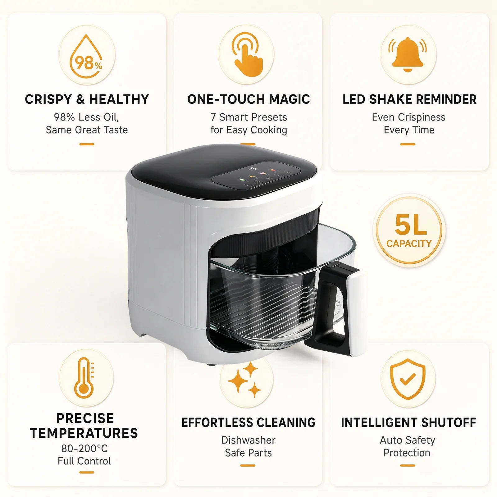 Air Fryer 5L with Touch Control, Adjustable Ttemperature up to 200°C, 0-60-Minute Timer, 4 Preset Menus, Oil-Free Cooking, and 1350W Power, Ideal for Families of 3-5 People.