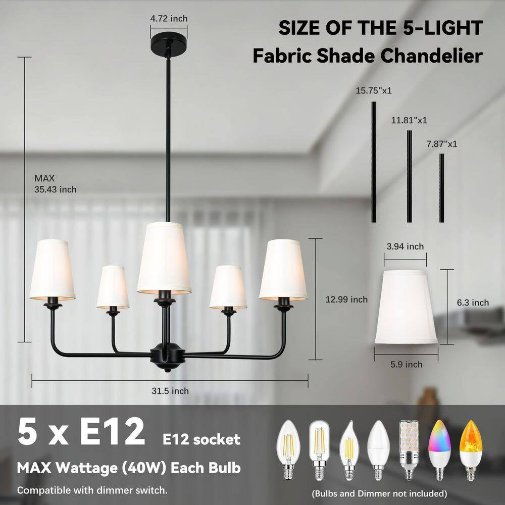 31.5 In.5-Light Modern Kitchen Island Pendant Lighting Fixture,Classic Black Chandelier W/ Linen Shades for Dining Room