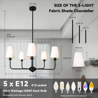 31.5 In.5-Light Modern Kitchen Island Pendant Lighting Fixture,Classic Black Chandelier W/ Linen Shades for Dining Room