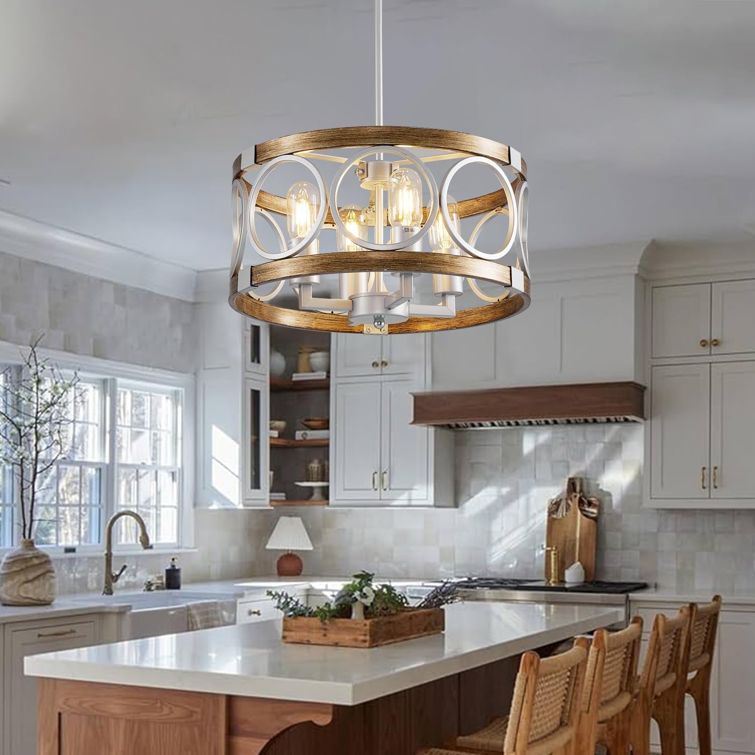 Silver Farmhouse Chandelier Light Fixture, 4-Light Kitchen Lighting Fixture Ceiling Mount, Rustic round Ceiling Hanging Kitchen Island Lighting for Dining Room Bedroomxture