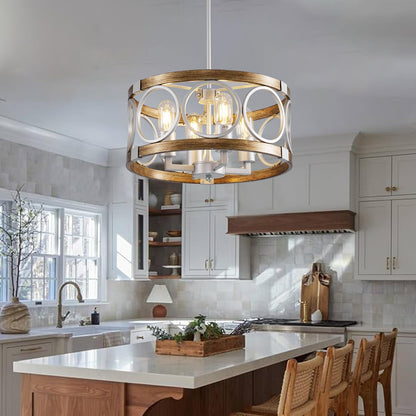 Silver Farmhouse Chandelier Light Fixture, 4-Light Kitchen Lighting Fixture Ceiling Mount, Rustic round Ceiling Hanging Kitchen Island Lighting for Dining Room Bedroomxture
