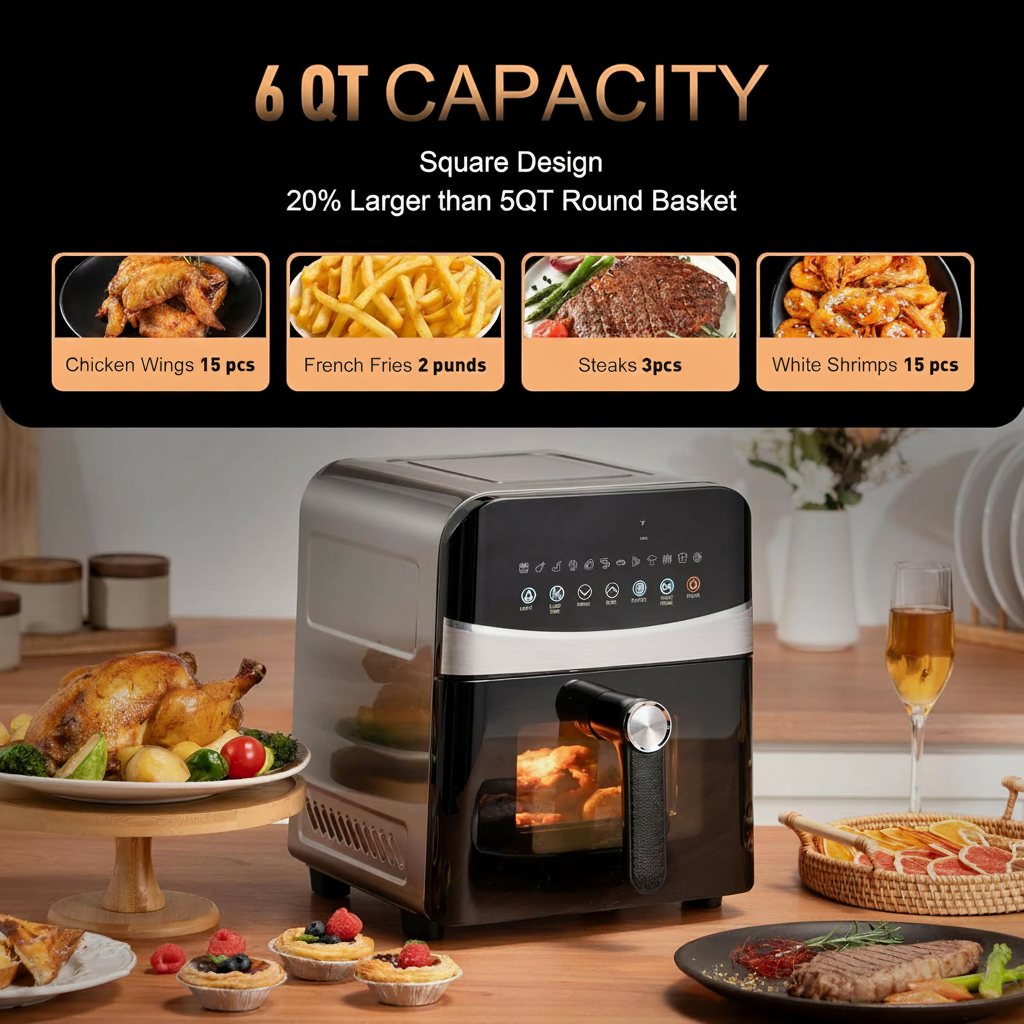 Stainless Steel Air Fryer Ceramic 12 in 1, Dual-Blazes in Steel Housing, 6QT 2-3 Servings Visible 8.27" Basket with Teflon-Free Premium Coating, 1700W,  Dishwasher Safe Kits (Stainless Steel)