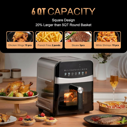 Stainless Steel Air Fryer Ceramic 12 in 1, Dual-Blazes in Steel Housing, 6QT 2-3 Servings Visible 8.27" Basket with Teflon-Free Premium Coating, 1700W,  Dishwasher Safe Kits (Stainless Steel)