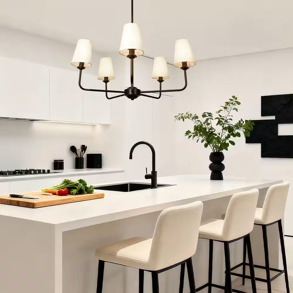 31.5 In.5-Light Modern Kitchen Island Pendant Lighting Fixture,Classic Black Chandelier W/ Linen Shades for Dining Room