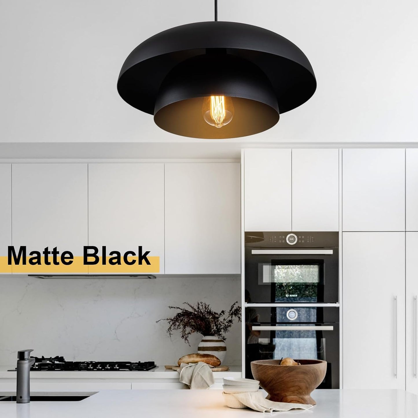 15.7" Black Modern Pendant Light Fixtures, Kitchen Lighting Fixtures Ceiling Hanging Light Fixtures, Farmhouse Large Pendant Light for Kitchen Island Lighting Hanging Lamp