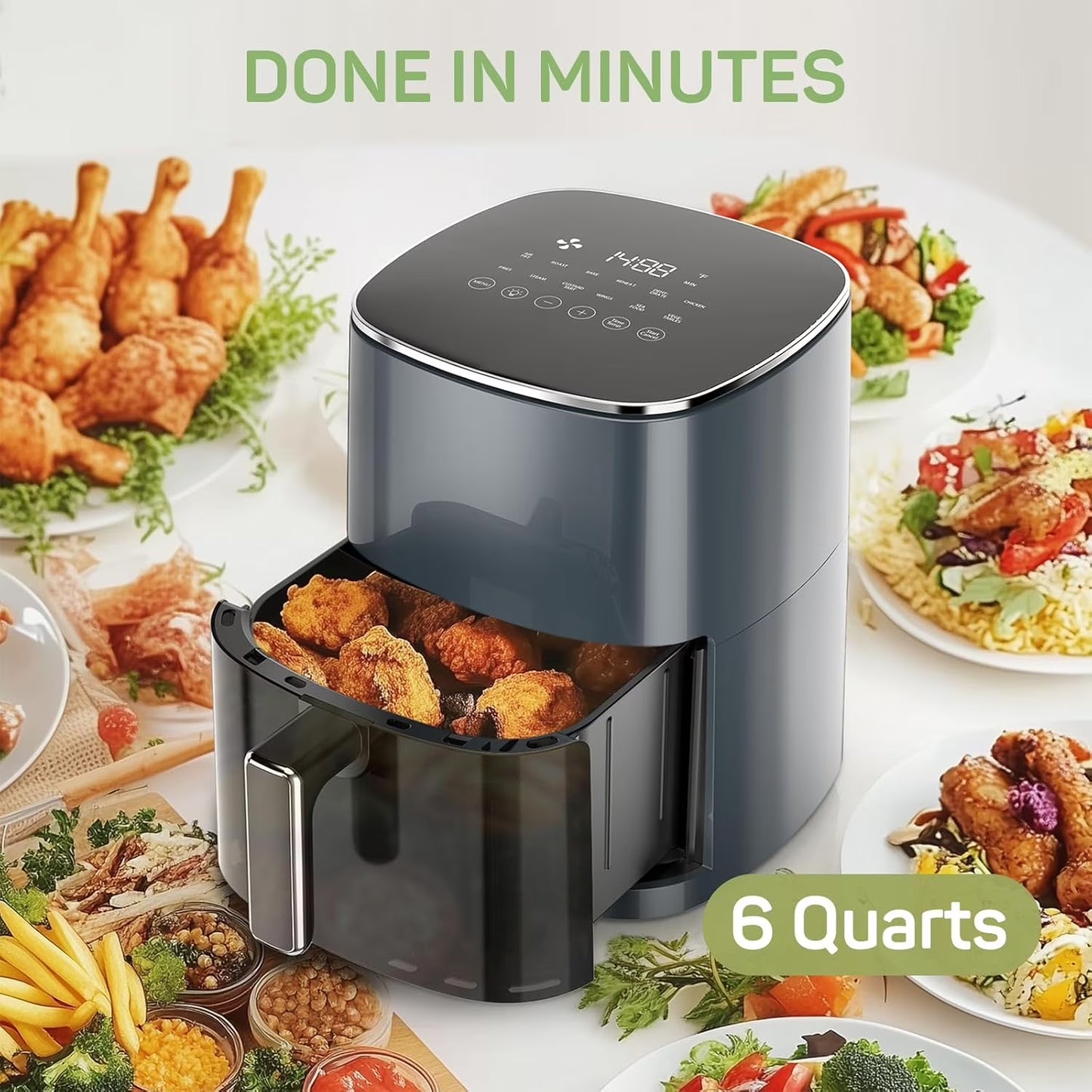 Air Fryer, 6-Quart Smart Air Fryer, 12-In-1 Functions - Air Fry, Roast, Reheat, Dehydrate, Bake, Steam, and More, 400Â°F Max Temperature, Grey
