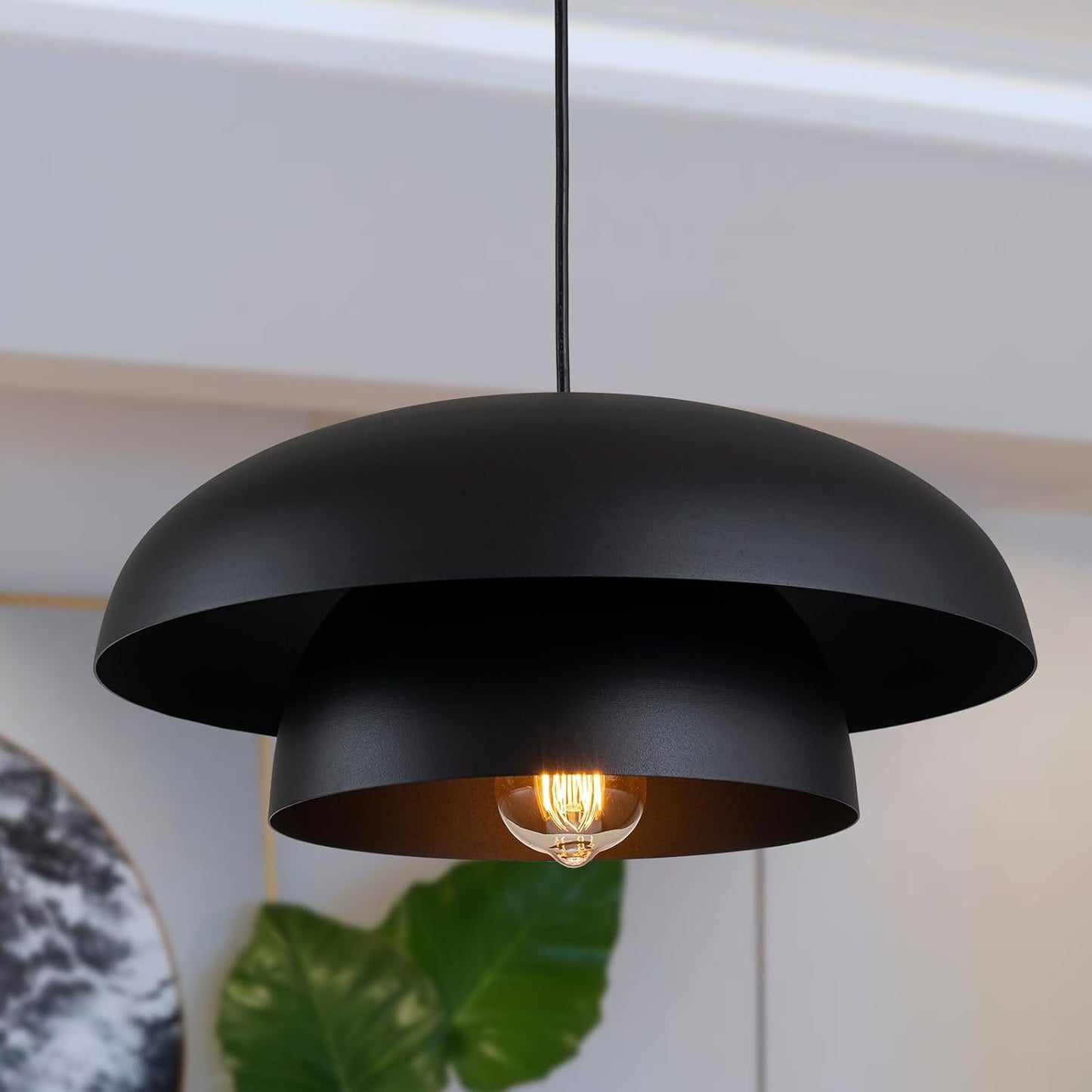 15.7" Black Modern Pendant Light Fixtures, Kitchen Lighting Fixtures Ceiling Hanging Light Fixtures, Farmhouse Large Pendant Light for Kitchen Island Lighting Hanging Lamp