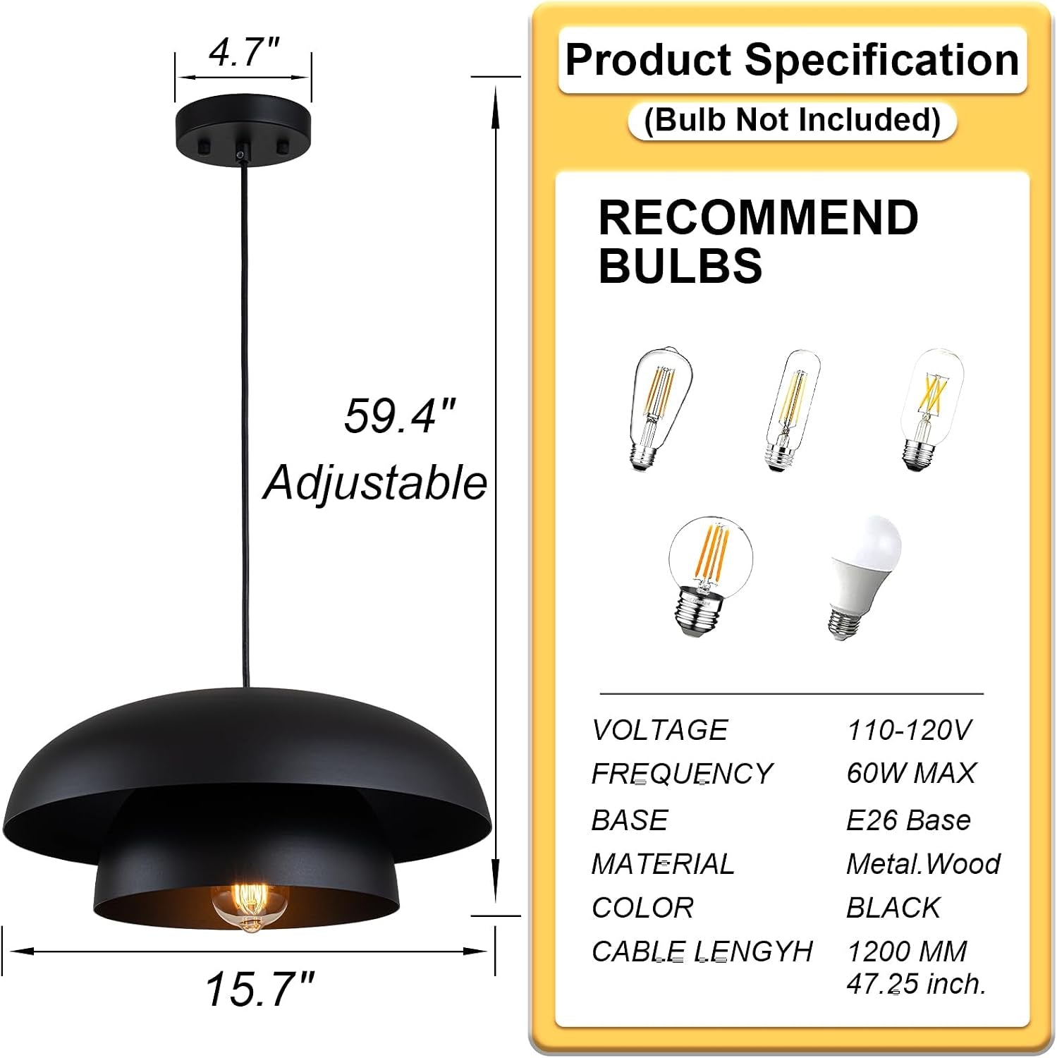 15.7" Black Modern Pendant Light Fixtures, Kitchen Lighting Fixtures Ceiling Hanging Light Fixtures, Farmhouse Large Pendant Light for Kitchen Island Lighting Hanging Lamp