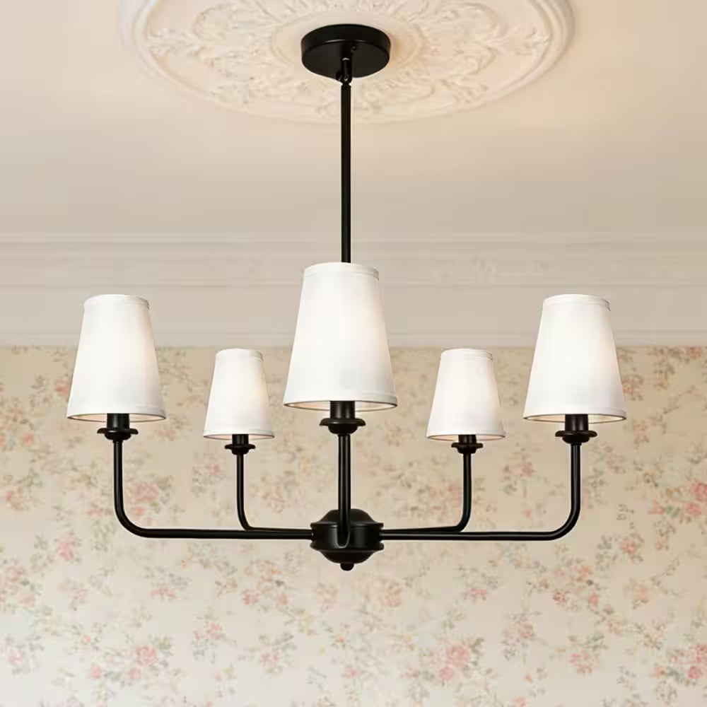 31.5 In.5-Light Modern Kitchen Island Pendant Lighting Fixture,Classic Black Chandelier W/ Linen Shades for Dining Room