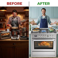 RRG361TS 36" Gas Range Oven with Timer - Stainless Steel, Sealed Burners, Convection Fan, Easy Reach Racks — Before & After