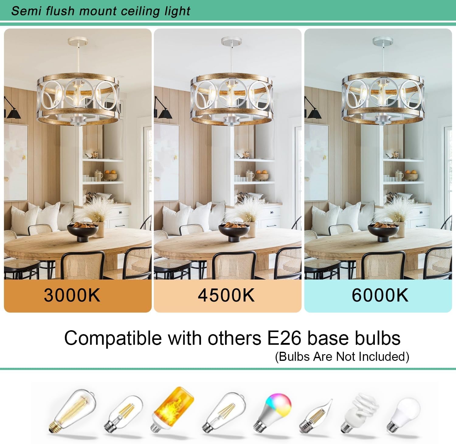 Silver Farmhouse Chandelier Light Fixture, 4-Light Kitchen Lighting Fixture Ceiling Mount, Rustic round Ceiling Hanging Kitchen Island Lighting for Dining Room Bedroomxture