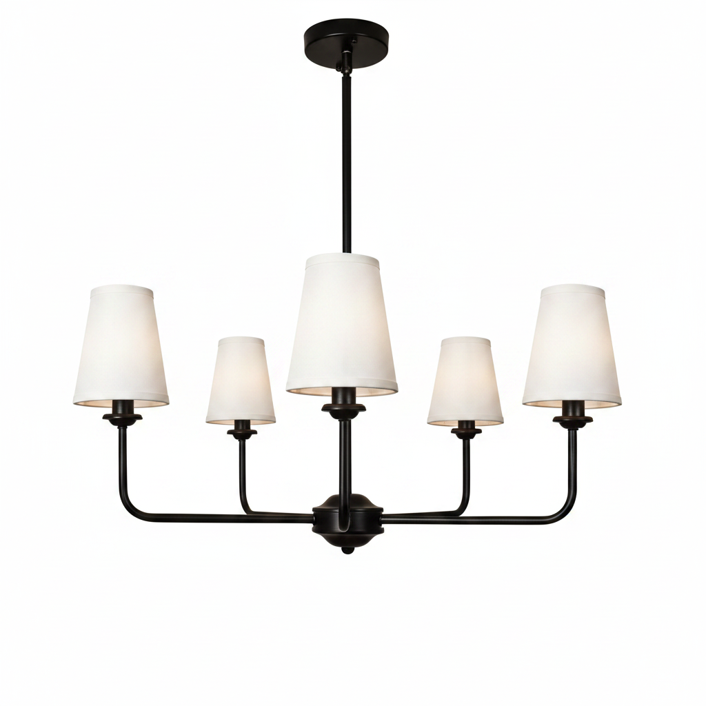 31.5 In.5-Light Modern Kitchen Island Pendant Lighting Fixture,Classic Black Chandelier W/ Linen Shades for Dining Room