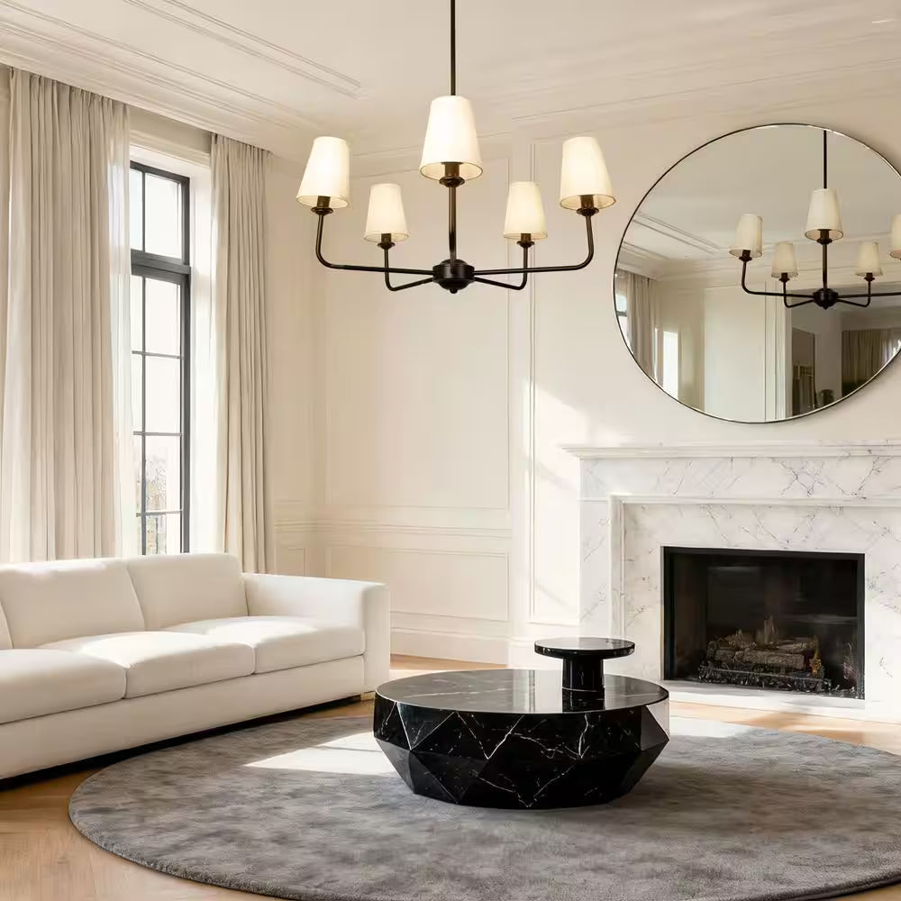 31.5 In.5-Light Modern Kitchen Island Pendant Lighting Fixture,Classic Black Chandelier W/ Linen Shades for Dining Room