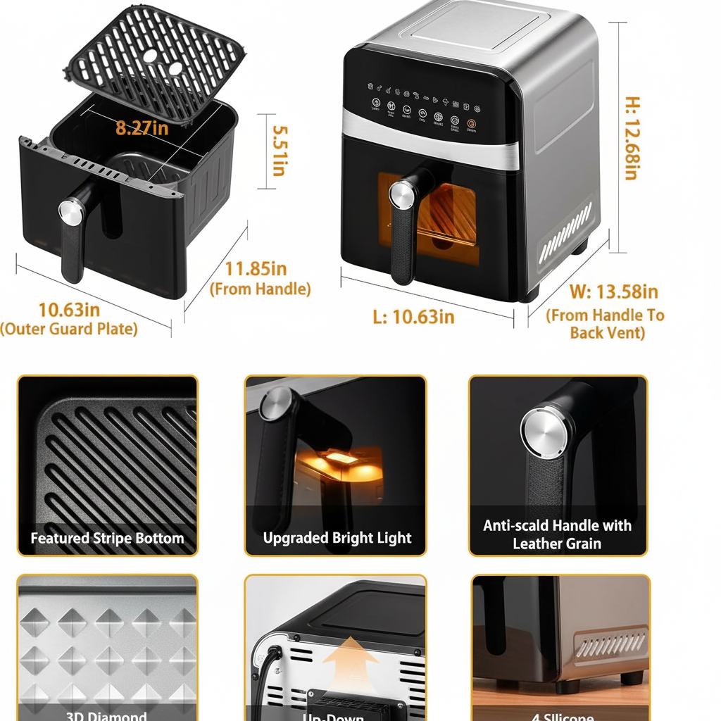 Stainless Steel Air Fryer Ceramic 12 in 1, Dual-Blazes in Steel Housing, 6QT 2-3 Servings Visible 8.27" Basket with Teflon-Free Premium Coating, 1700W,  Dishwasher Safe Kits (Stainless Steel)