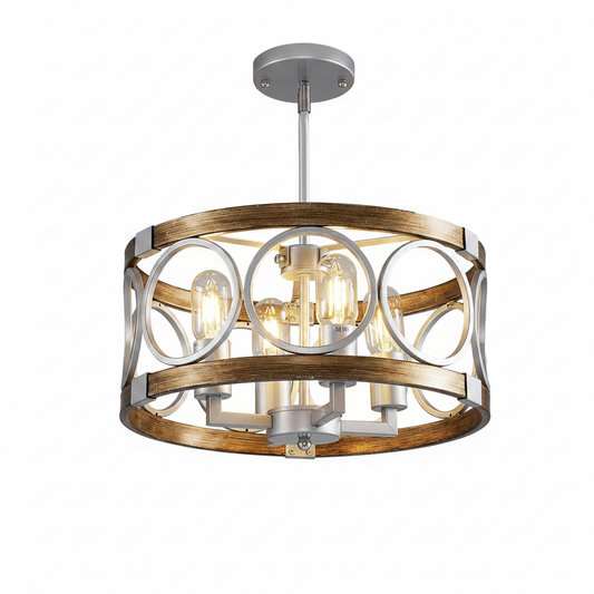 Silver Farmhouse Chandelier Light Fixture, 4-Light Kitchen Lighting Fixture Ceiling Mount, Rustic round Ceiling Hanging Kitchen Island Lighting for Dining Room Bedroomxture