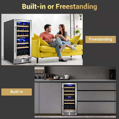 15 In. Dual Zone Built-In Wine Cooler 30-Bottle Cellar Cooling Unit in Stainless Steel with 6-Removable Shelves