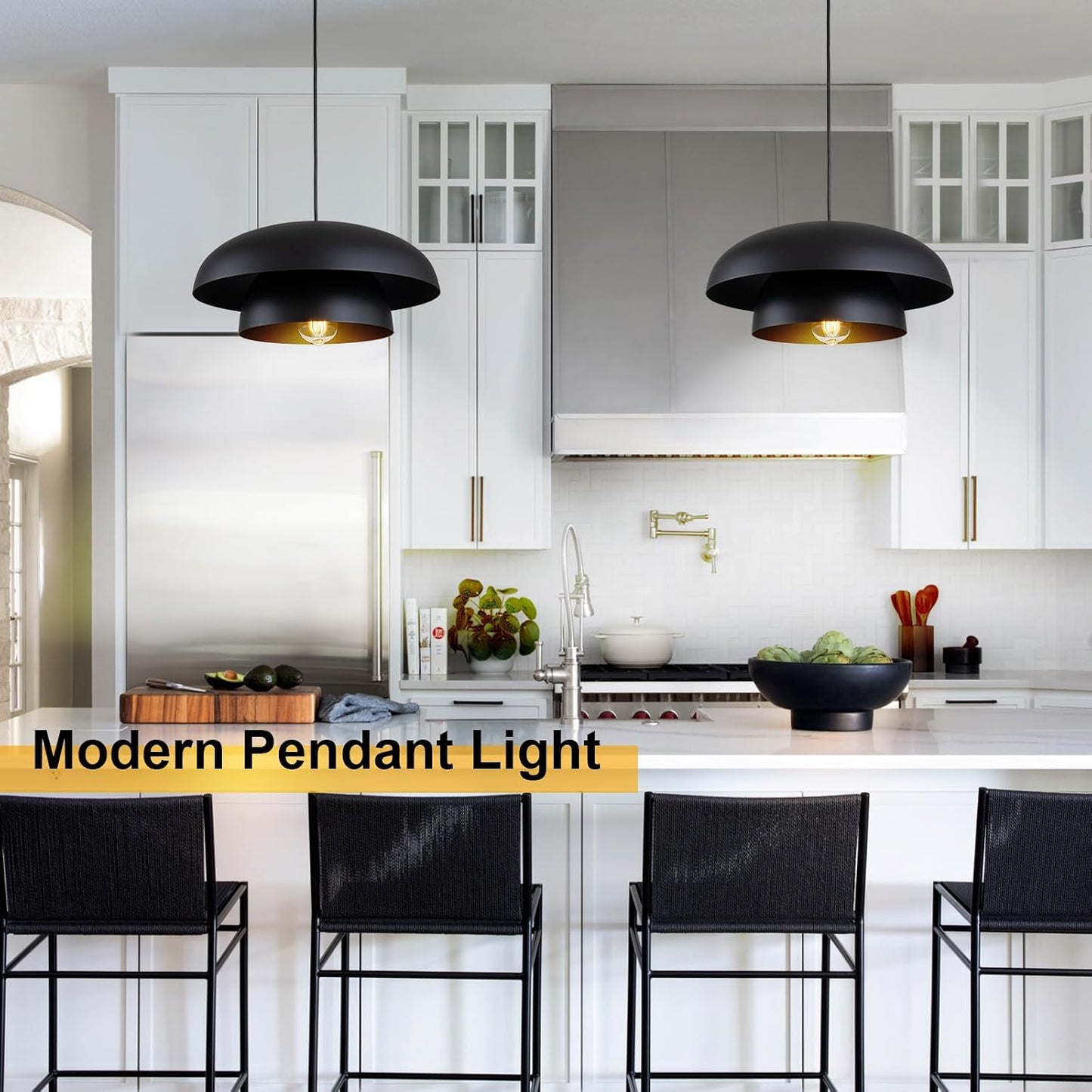 15.7" Black Modern Pendant Light Fixtures, Kitchen Lighting Fixtures Ceiling Hanging Light Fixtures, Farmhouse Large Pendant Light for Kitchen Island Lighting Hanging Lamp