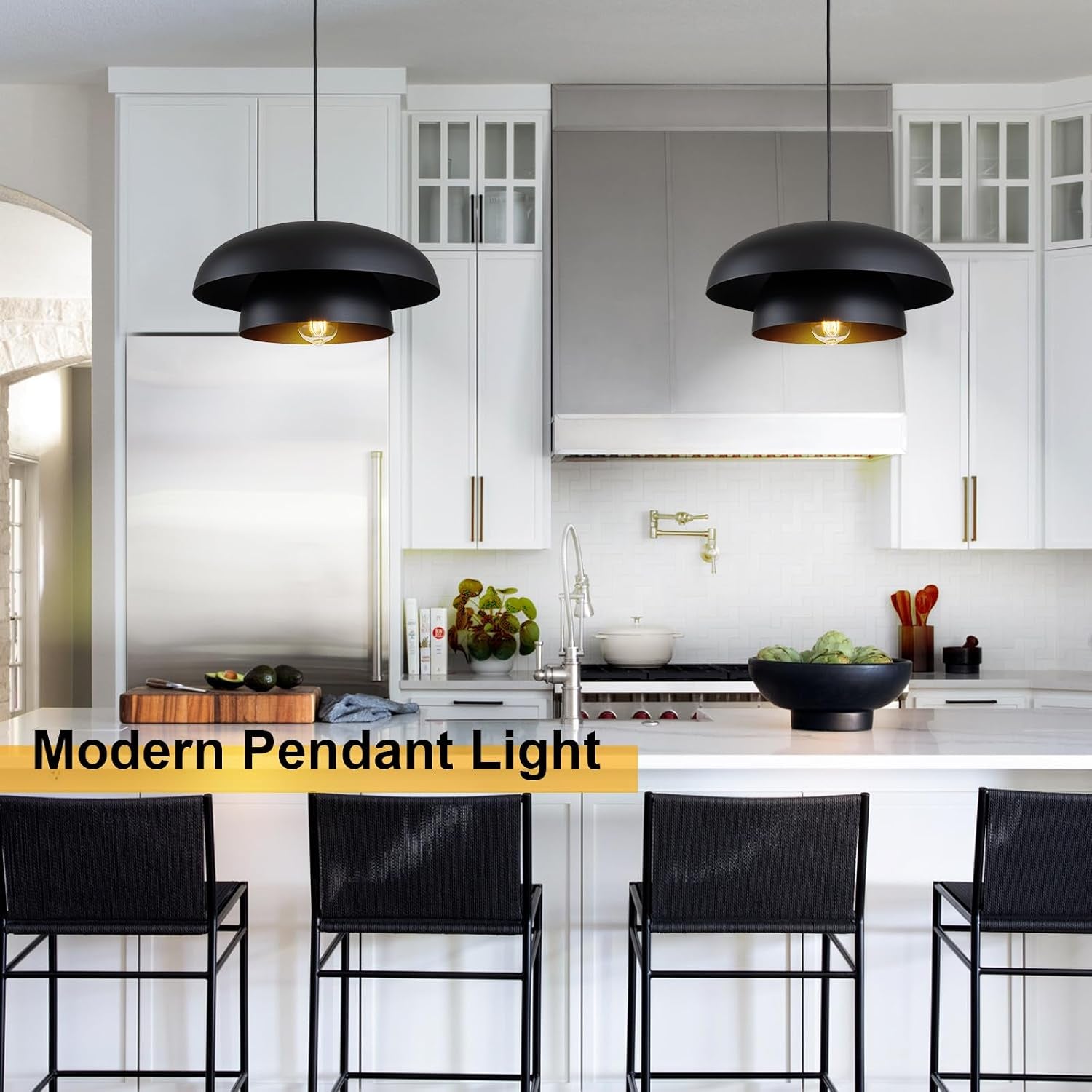 15.7" Black Modern Pendant Light Fixtures, Kitchen Lighting Fixtures Ceiling Hanging Light Fixtures, Farmhouse Large Pendant Light for Kitchen Island Lighting Hanging Lamp