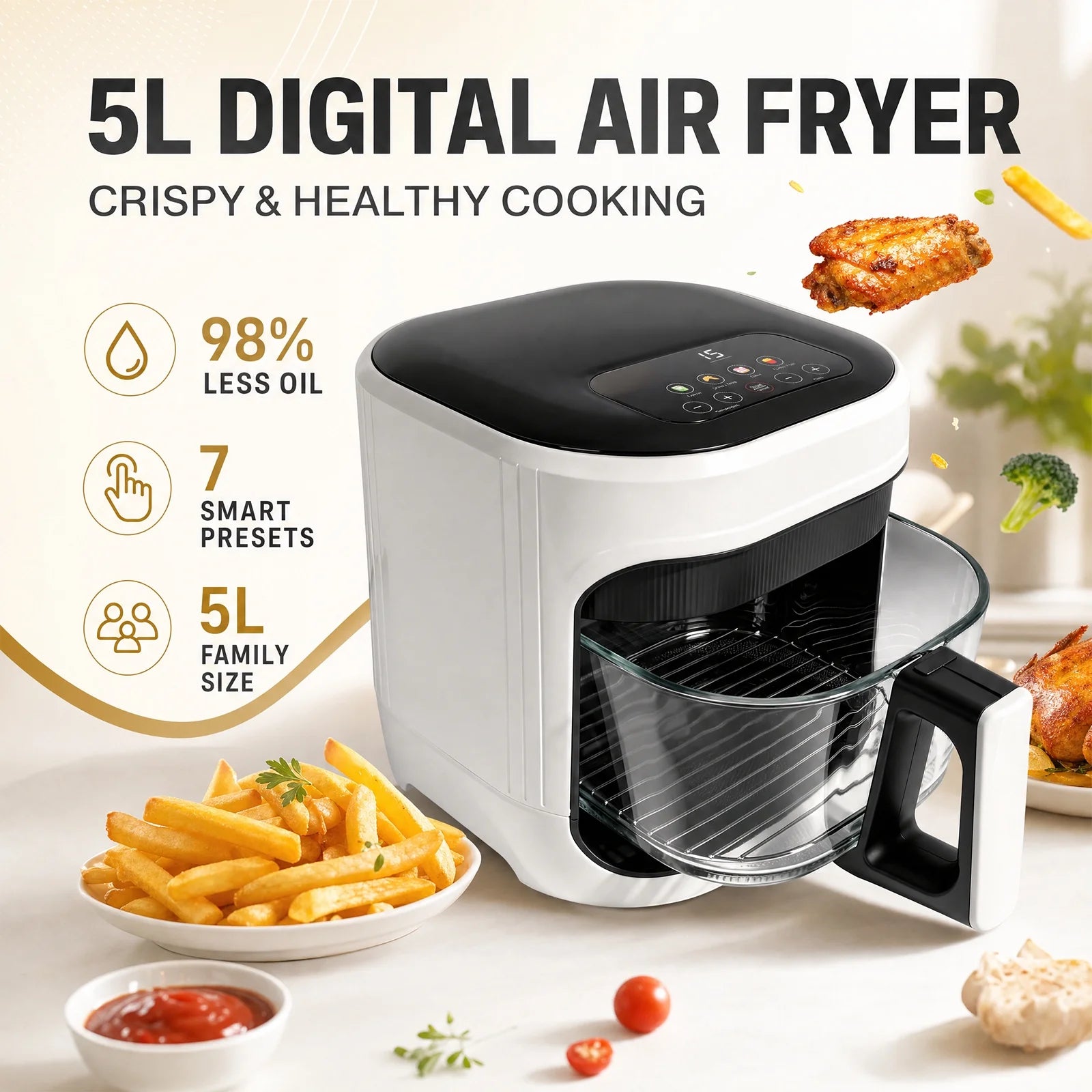 Air Fryer 5L with Touch Control, Adjustable Ttemperature up to 200°C, 0-60-Minute Timer, 4 Preset Menus, Oil-Free Cooking, and 1350W Power, Ideal for Families of 3-5 People.