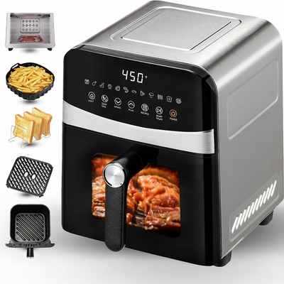 Stainless Steel Air Fryer Ceramic 12 in 1, Dual-Blazes in Steel Housing, 6QT 2-3 Servings Visible 8.27" Basket with Teflon-Free Premium Coating, 1700W,  Dishwasher Safe Kits (Stainless Steel)